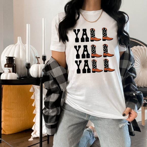 Yall Yall Yall Black and Orange Cowboy Cowgirl Western Boots T shirt - Picture 2 of 6